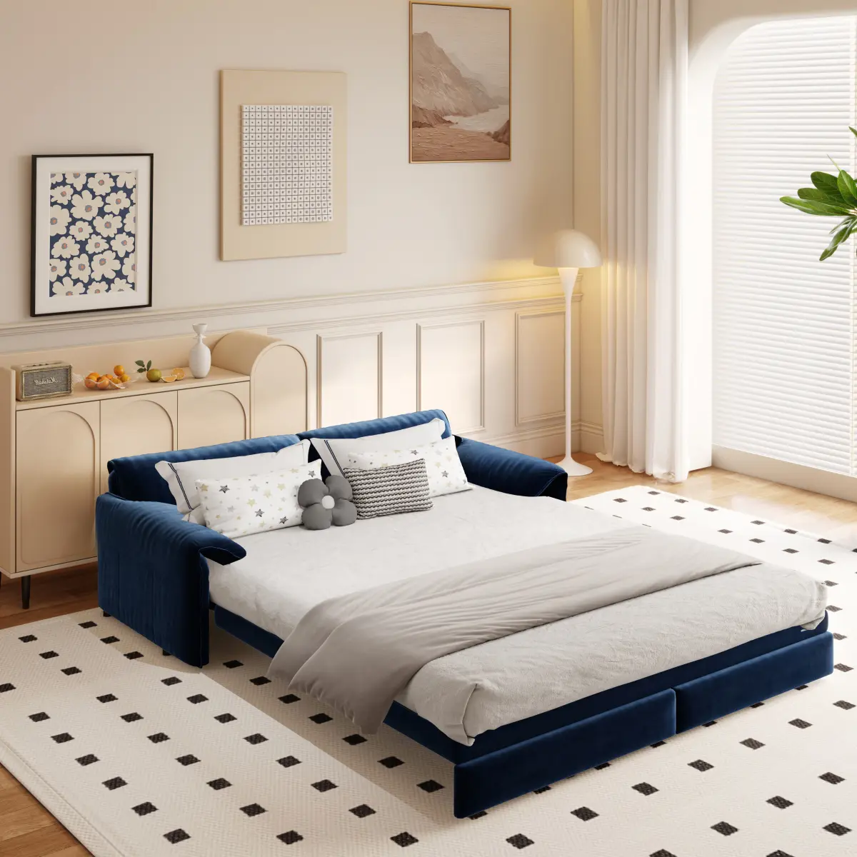 66" Upholstered Queen 3-in-1 Convertible Futon Couch Sleeper Sofa Bed, Velvet Loveseat with Side Storage & Sofa Mattress for Living Room, Apartment, Upholstered Couch