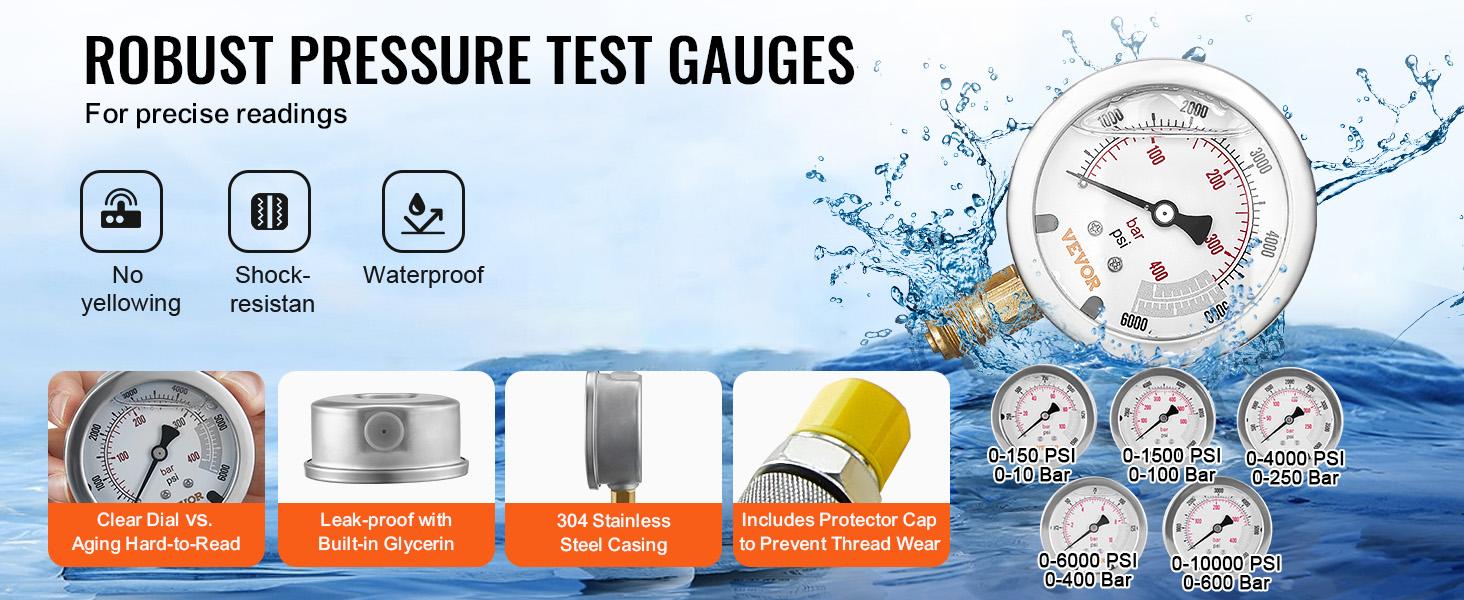 VEVOR Hydraulic Pressure Test Kit, 10/100/250/400/600bar, 5 Gauges 13 Couplings 14 Tee Connectors 5 Test Hoses, Excavator Hydraulic Test Gauge Set with Carrying Case for Excavator Tractors Machinery