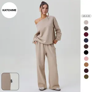 KatchMe Women's Versatile Solid Sloping Shoulder Long Sleeve Top & Wide Leg Trousers Co-ord, Cozy Slouchy Scoop Neck Two Piece Outfits, Fall & Spring Daily Wear (US)
