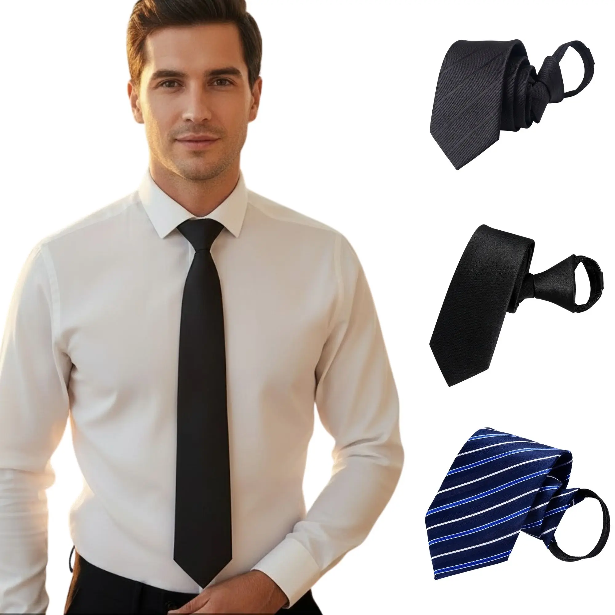 Men's Pre-Tied Resilient Polyester Necktie - 3.25 in Width, Permanent Knot, Sliding Loop, Concealed Track, Polished Business Accessory for Office Wear, Engagement, Sliding Zipper Loop