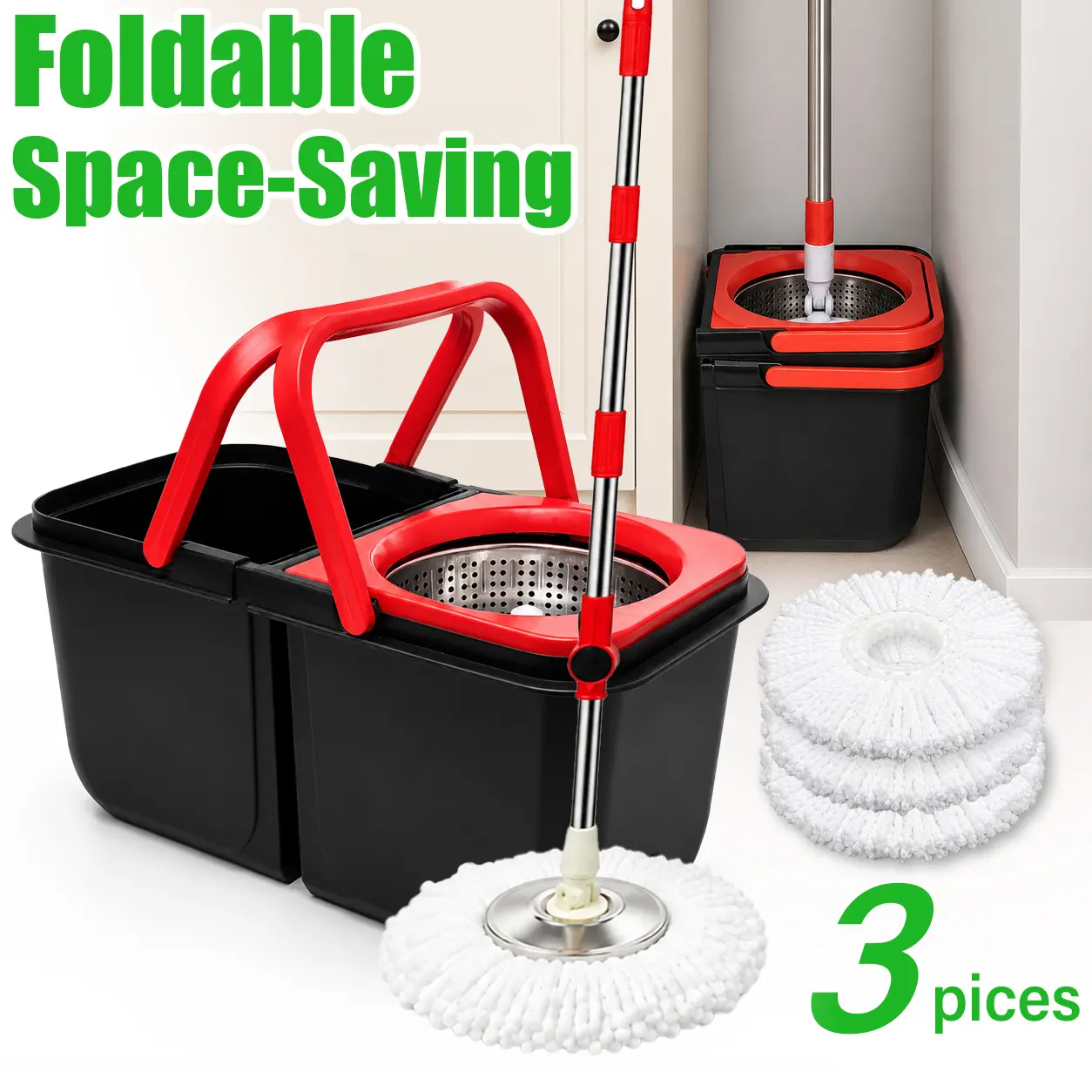 Spin Mop Bucket Set with Wringer, Foldable Space-Saving Dual-Chamber Mop & Bucket System, Stainless Steel Telescopic Handle, Built-in Drain Plug, 3 Reusable Microfiber Mop Heads for Hardwood, Tile & Laminate Floor Cleaning african broom