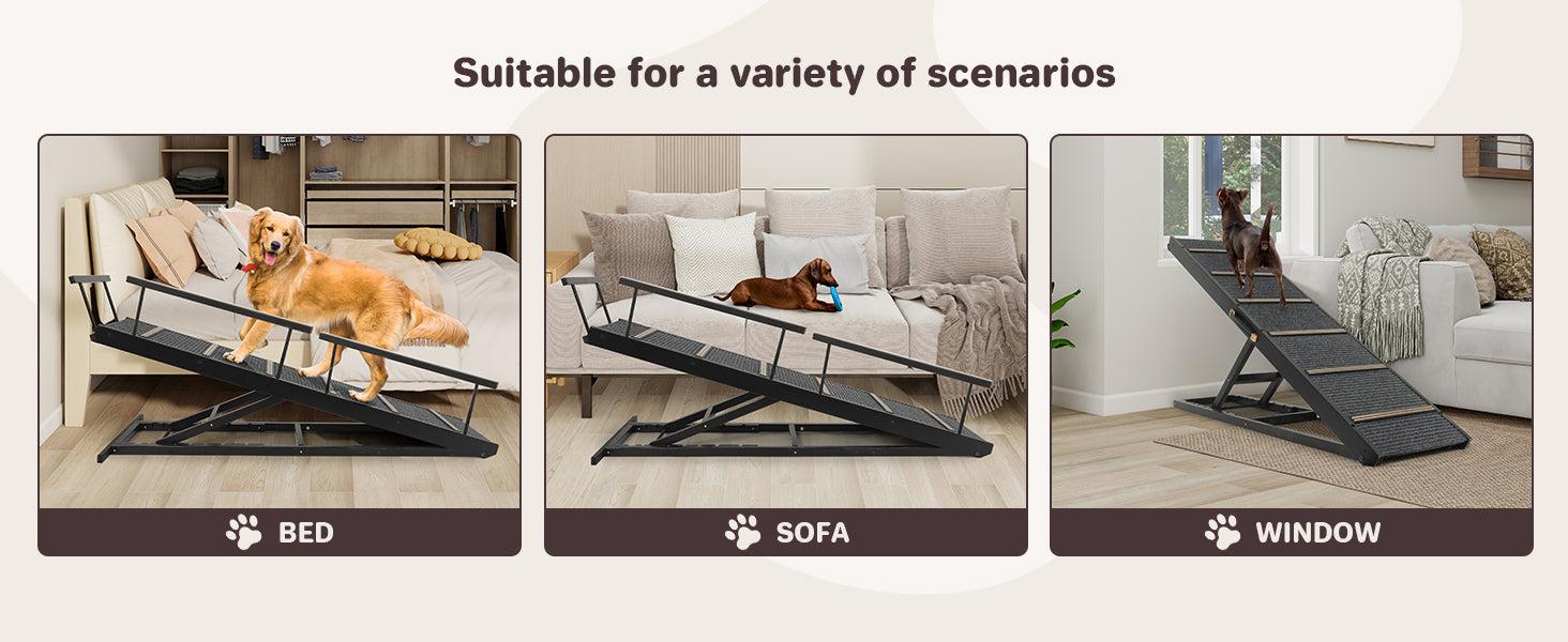 Dog Ramp for Bed, Folding Portable Wooden Dog & Cat Ramps for Couch or Bed, Including Non Slip Mat & Safety Side Rails, 64.2 Inch Long and Height Adjustable from 13.4 Inch to 38 Inch Up to 110 Lbs PA923