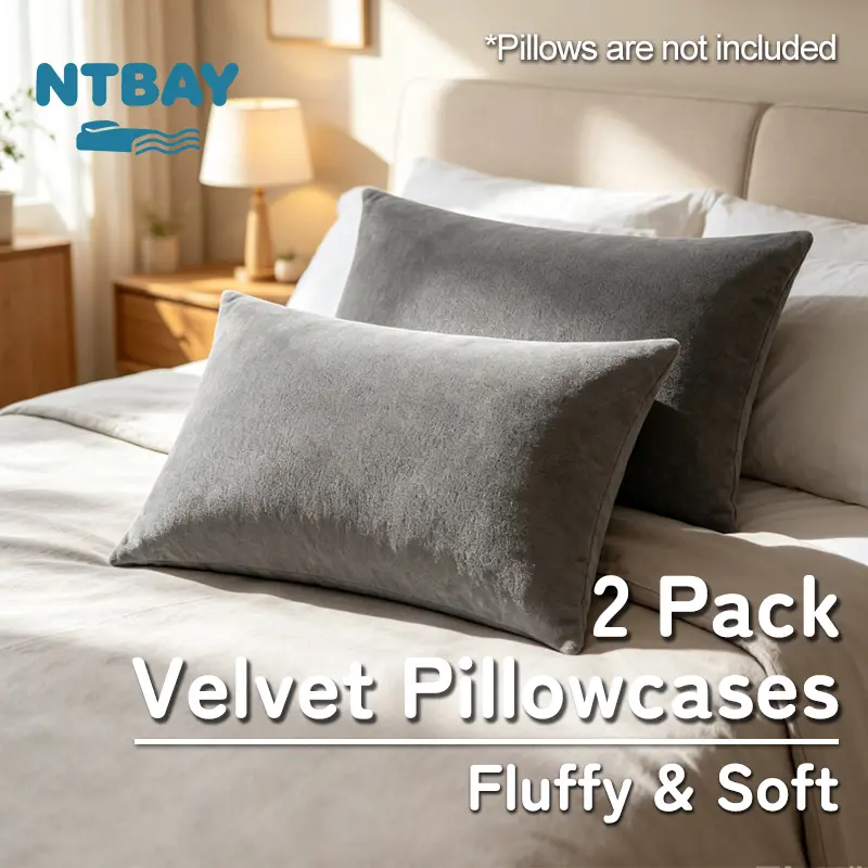 NTBAY Velvet Pillowcases, 2 Pack Plush Ultra Soft Hidden Zipper Closure Pillow Covers for Hair Protection, Luxurious Fluffy Pillow Shams, Subtle Sheen, Smooth Warm Touch, Year-Round Comfort, Easy Care, Standard/Queen/King, Oeko-Tex, No Bleaching, No Ironi