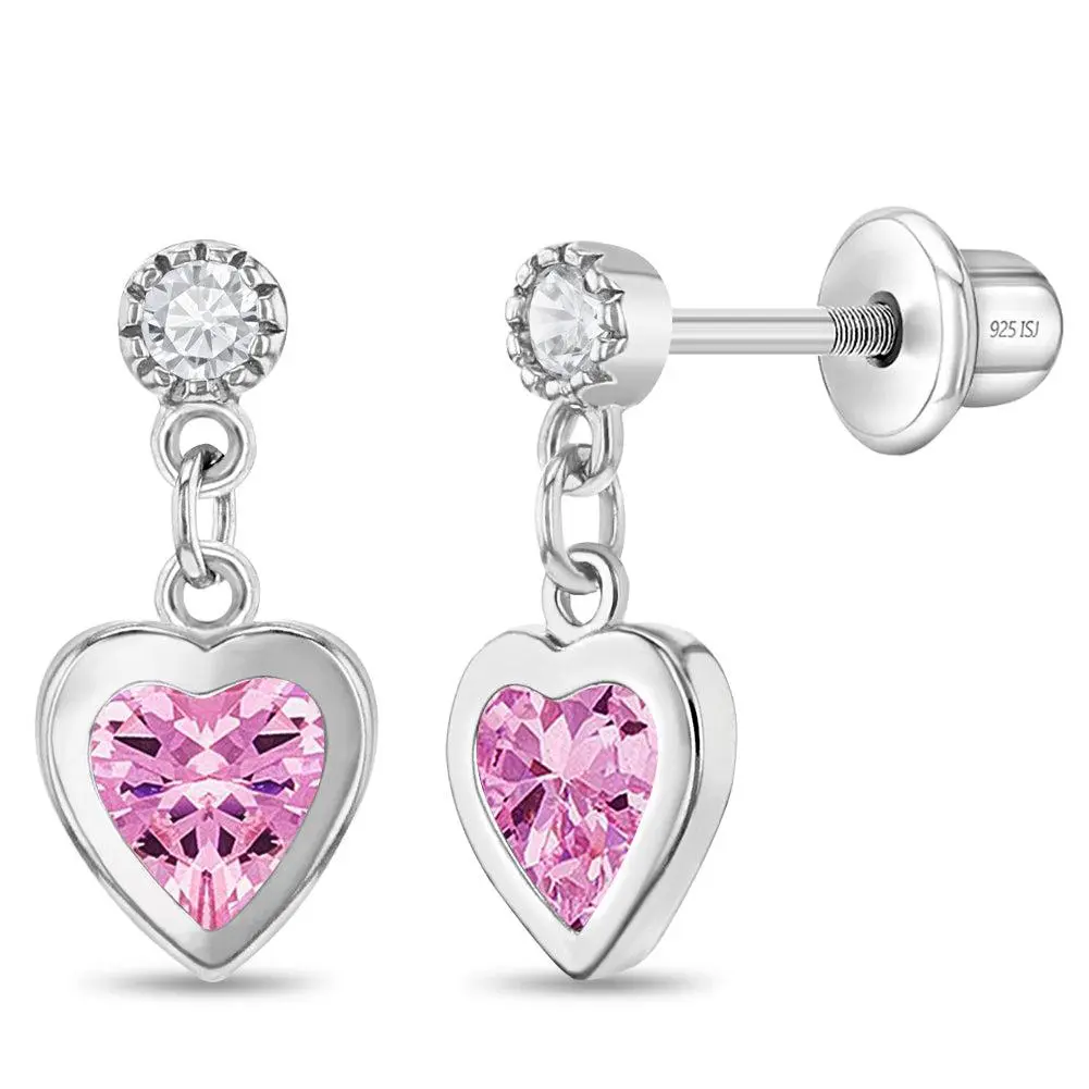My First Dangle Hearts Kids / Children's / Girls Earrings Screw Back - Sterling Silver