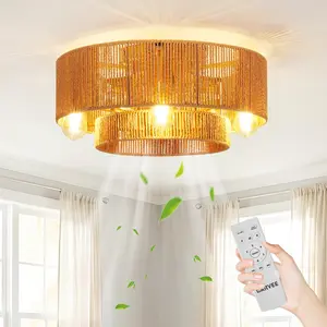 20 Inch Boho Ceiling Fan with Light and Remote, Low Profile Ceiling Fan with Light for Bedroom and Kitchen, Flush Mount Ceiling Fan with Lights, Caged Ceiling Fan with Light, Fandelier