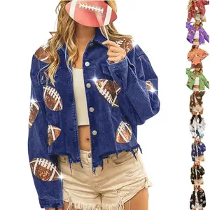 Women's Day Corduroy Sequin Football Cropped Jacket Rugby Oversized Lapel Button Down Shirt Shacket Coat women trench