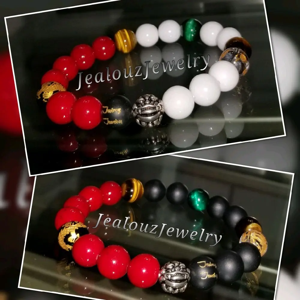 JealouzJewelry Classic African Matte Black Onyx Tiger Eye Mix 10mm Sterling Silver Lucky Dragon Bracelet