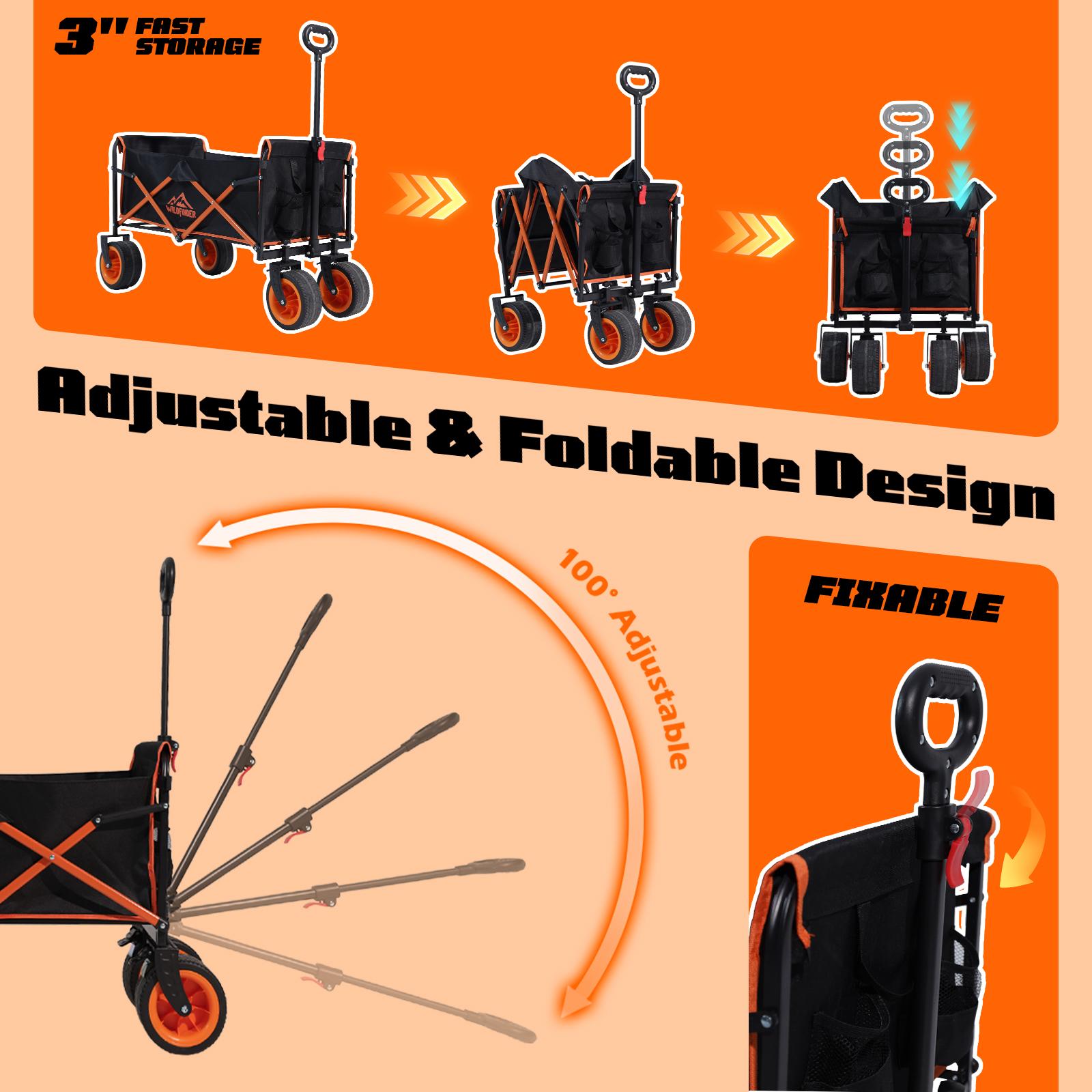 【New Arrival】WildFinder Collapsible Wagon - 330LBS Capacity, Extra Large Foldable Wagon with All-Terrain Wheels, Utility Beach Cart for Outdoor Garden, Black and orange