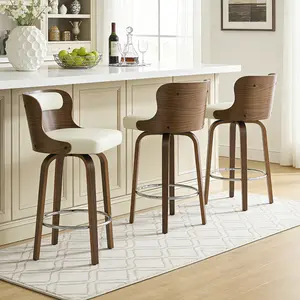 26-inch bar stool, solid back and curved wood legs, faux leather swivel bar stool, mid-century style swivel bar stool, suitable for kitchens and dining rooms, white.