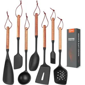 Silicone Utensils Set of 7 with Wooden Handle for Cooking&Baking,No Scratch for Nonstick Cookware,Spatula Spoon,Soup Ladle,Basting Brush,Baking Bowl Scraper,Skimmer,Slotted Spatula,BPA Free