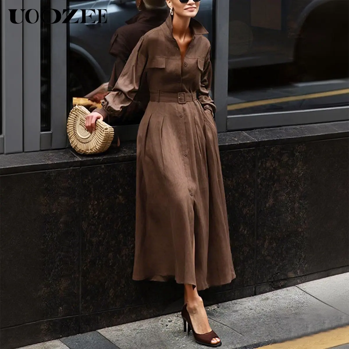 UOOZEE Women's Elegant Cotton Linen Maxi Shirt Dress, Solid Casual Loose Fit Button Front with Long Puff Sleeves, Pockets, and Belt, Lady, 30% Linen,70%Cotton, H Type, Pocket Belt, Casual Wear, Collared Neck, Linen Cotton, Belt And Pockets