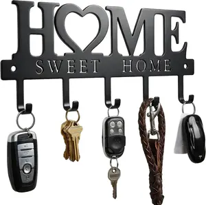 Entryway Wall Key Holder with 5 Hooks, Metal Key Rack Wall Mount for Keys, Bags and Leashes, Decorative Organizer for Entryway, Mudroom or Hallway, Sweet Home Design, 9.8 inches, Black