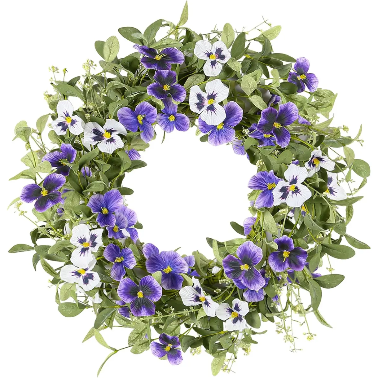 18" Spring Summer Wreaths for Front Door, Artificial Floral Wreath with Purple Pansy Flowers Green Eucalyptus Leaves, Green Foliage Wreath for Wall Window Farmhouse Party Holiday Home Decor