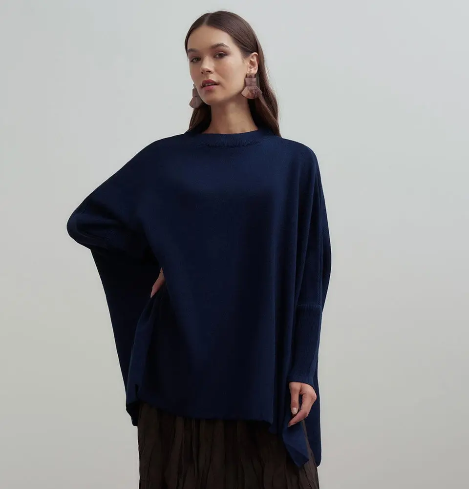 Modest Muslim Women's Asymmetric Cut Knit Sweater - 55048 Navy Blue