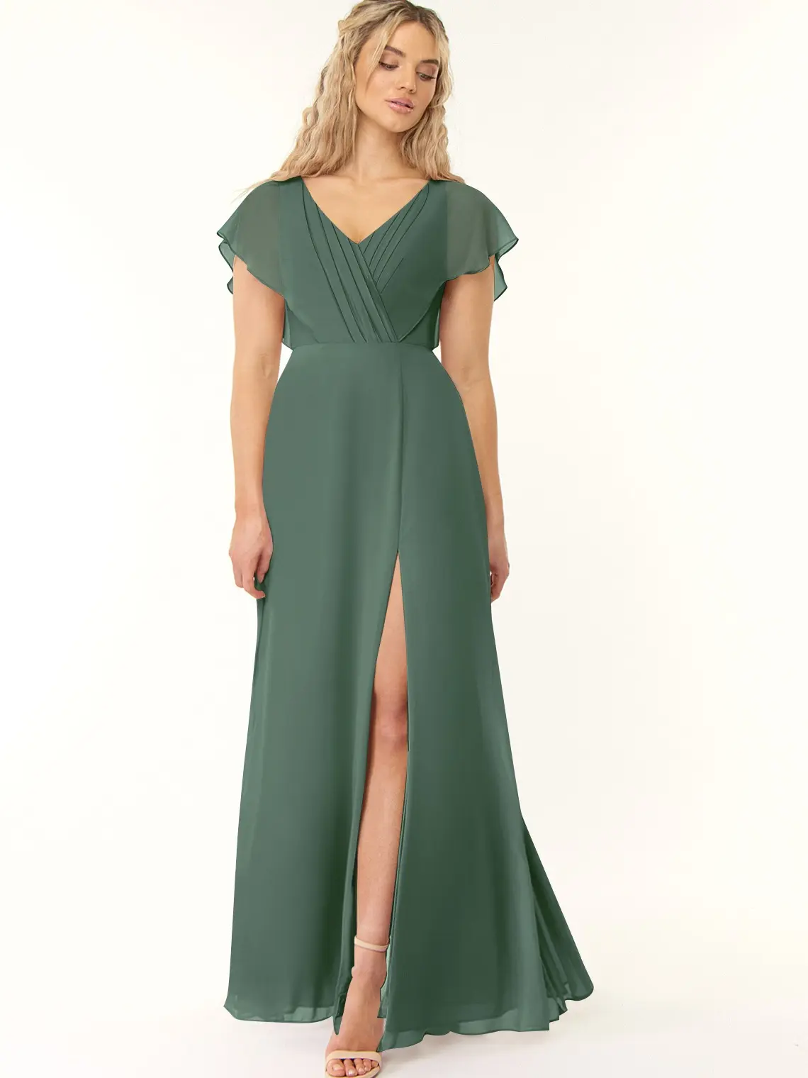 AZAZIE Rylee Women's A-Line Chiffon Formal Dress, V-Neck Batwing Sleeve Bridesmaid Party Gown with Pleats and Leg Slit