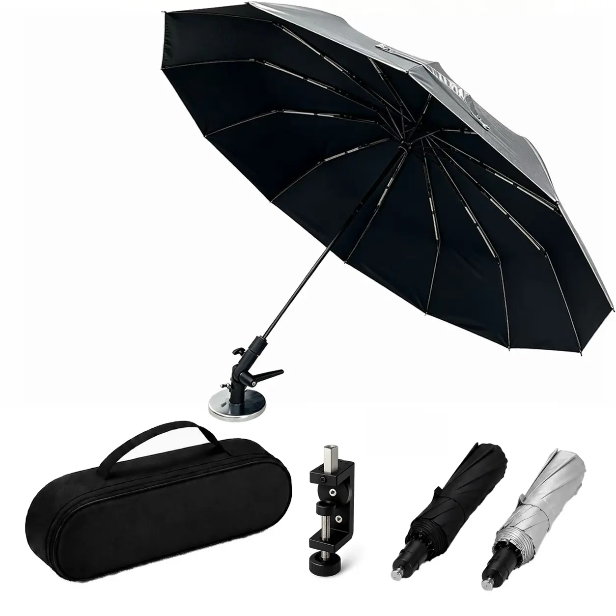 [2026 Upgraded] 56" Folding Magnetic HVAC Windproof Sunshade Umbrella, 12-Rib Fiberglass Frame, Magnetic Base, Universal Clamp, 180° Adjustable Portable Stand, Wind-Resistant Top, Double Layer, for HVAC Mechanics Ac Repair, Clamp to Metal Heavy-Duty Tool