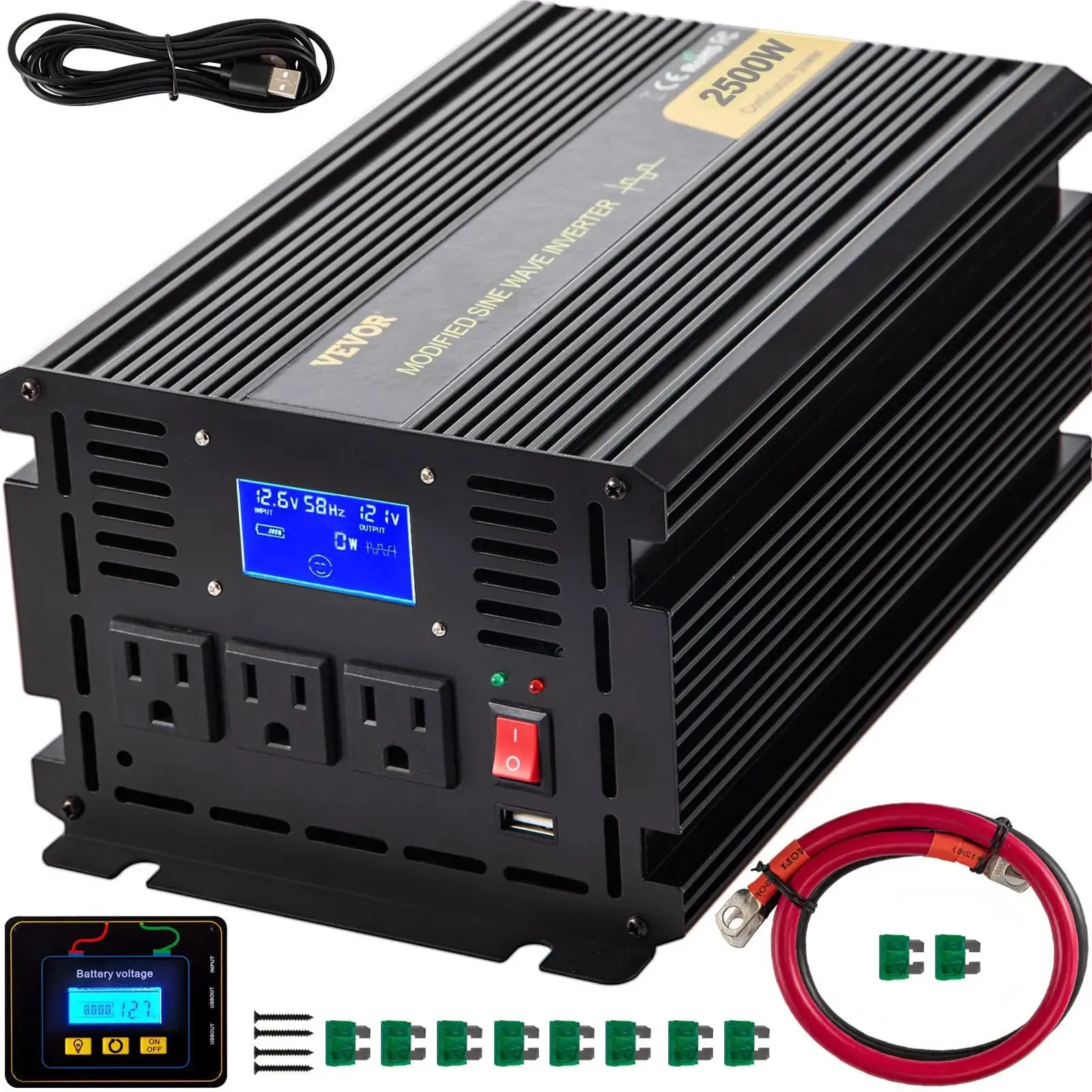 【summerfinds】VEVOR Power Inverter, 2500W Modified Sine Wave Inverter, DC 12V to AC 120V Car Converter, with LCD Display, Remote Controller, LED Indicator, AC Outlets Inverter for Truck RV Car Boat Travel Camping