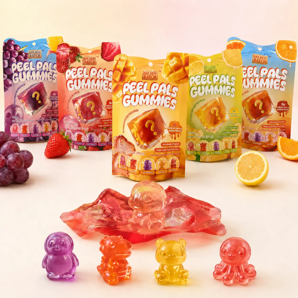 Peelable Animal Blind Box Double-Layer Gummies Candy - Halal Certified, 4 Flavors, High VC, Real Fruit Juice, Natural Gelatin, Individually Wrapped Solid Chewy Snacks for Adults with Grape & Water Base, Bag