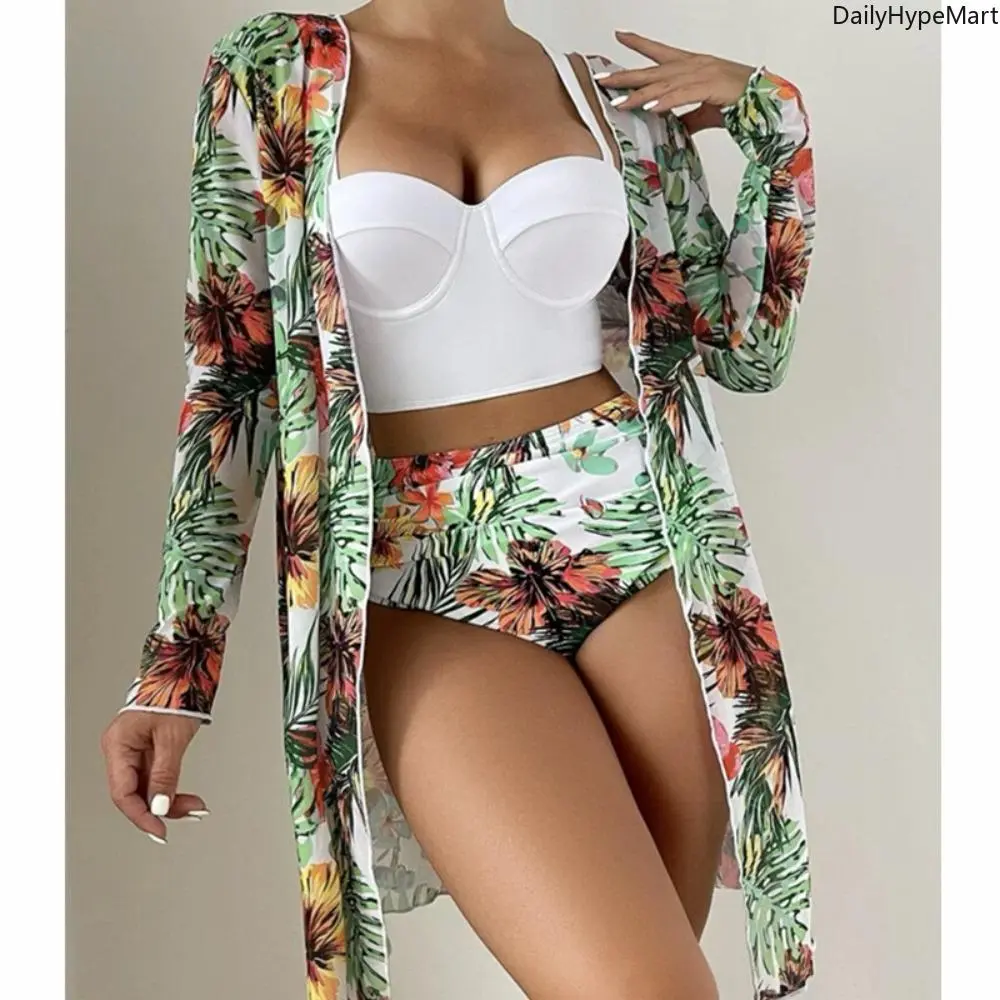Women's Chic 3-Piece Bikini Set, Boho Tropical Print Swimsuit with Cover-Up, Padded Push Up Bra and High Waisted Ruched Bottoms, Bikini Beach Wear, Bikini Swimsuit Outfit