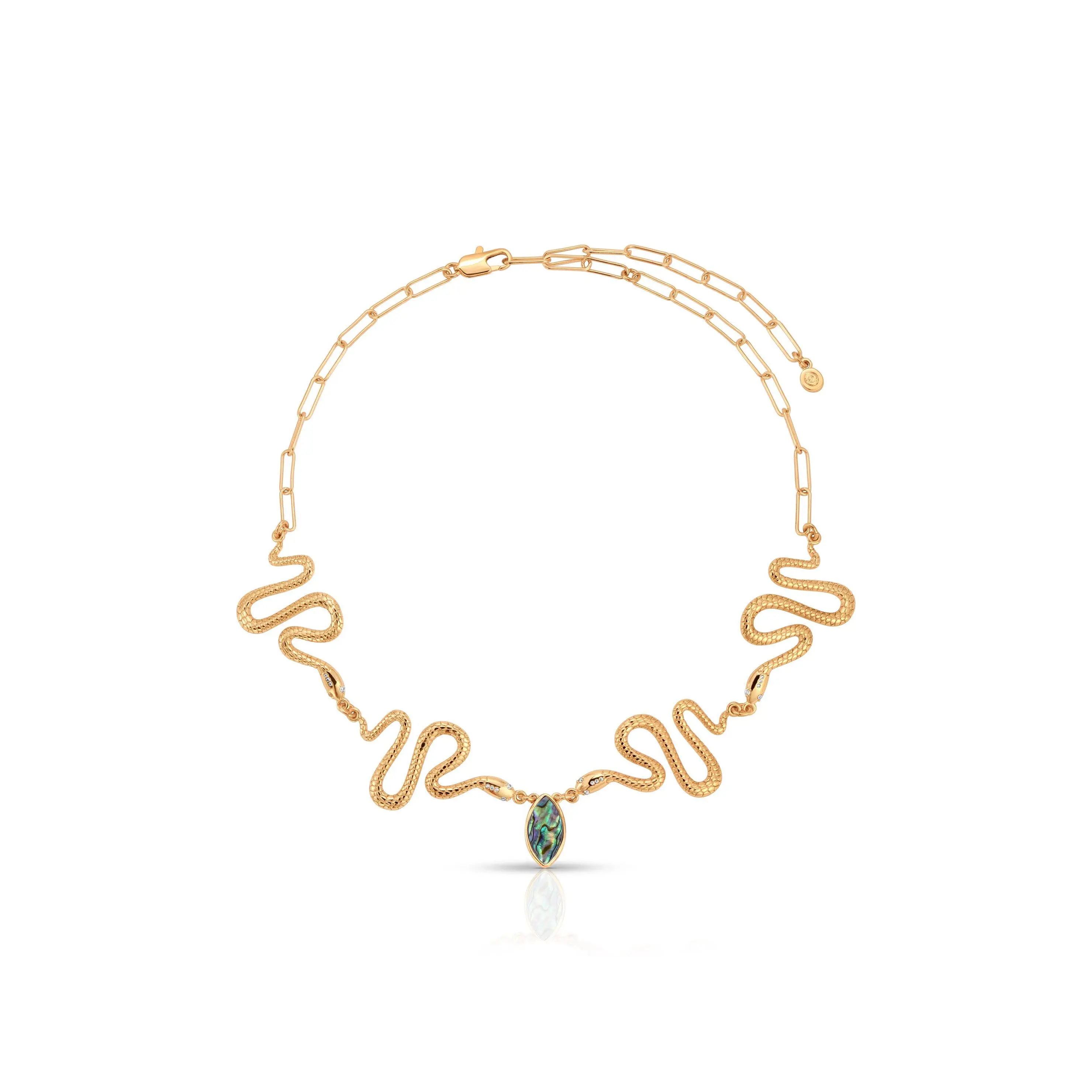 Abalone Serpentina Snake Choker – 18K Gold Plated Snake Necklace with Iridescent Abalone & CZ, Adjustable Statement Choker