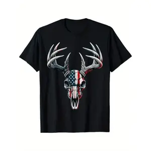 Deer Hunting American Flag Skull Design Mens Black T Shirt
