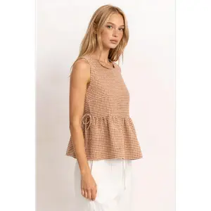 Kailee Gingham Sleeveless Peplum Top in Brown