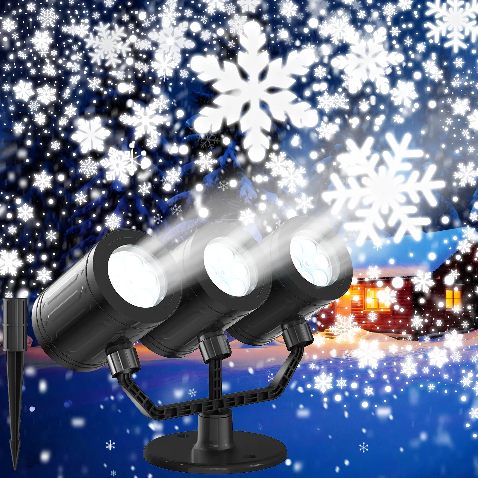 Lurious 2025 Upgraded Plastic 3-Head Outdoor Waterproof LED Snowfall Projector SW-PL-14, Energy Saving Device with 18 Hours Timer, -13 ℉ to 90 ℉ Round Christmas Garden & Patio Light