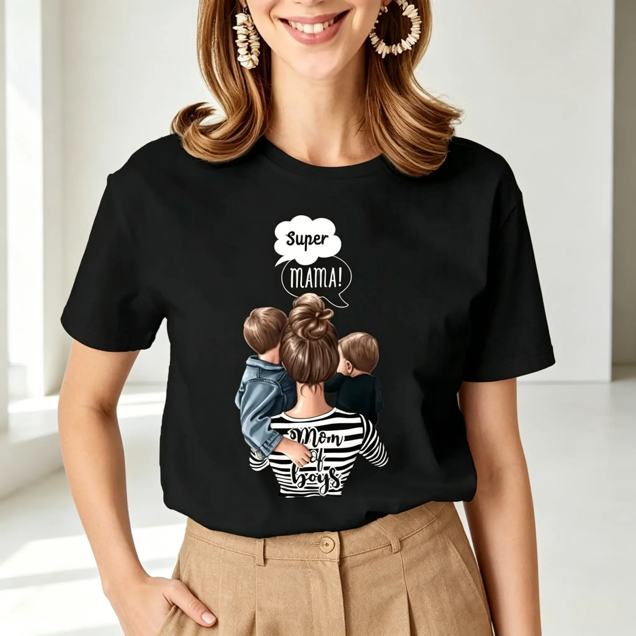 Women's 100% Cotton Short-Sleeve Top - Comfortable Streetwear T-Shirt with Cartoon Super Mom Life Print