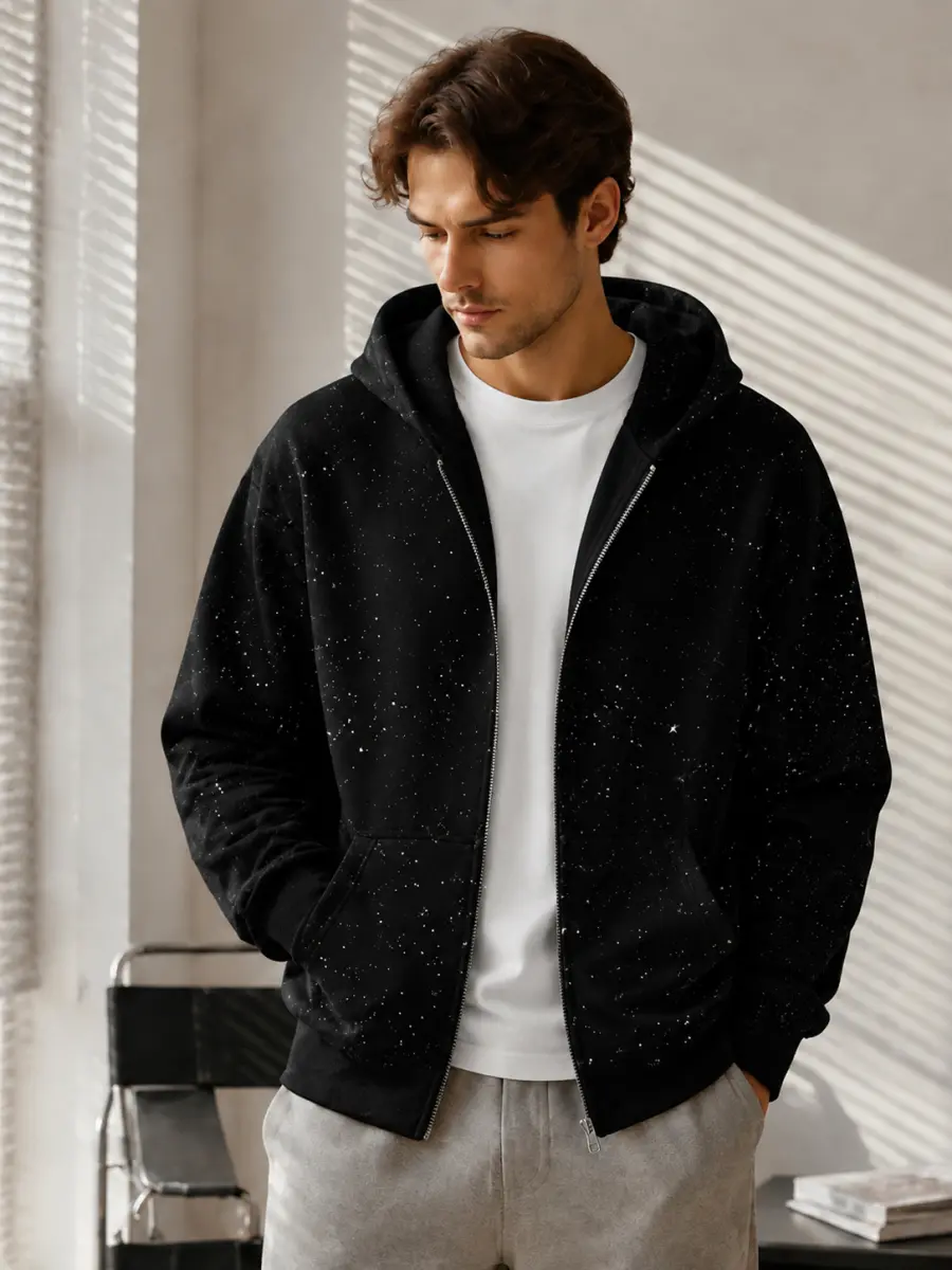 TELLFUN- 2026 NEW Men's Sequined Hooded Sweatshirt with Zipper and Pockets,  Long-Sleeved Hoodie with Pockets, Casual Streetwear Style, Perfect for Daily Wear fall clothes black zip hoodies men