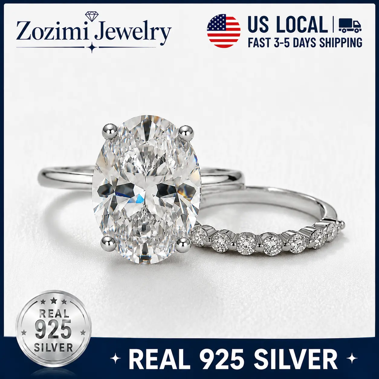 Zozimi 925 Sterling Silver 5ct Oval Cut  Engagement Ring Set, 5A Cubic Zirconia Women's Jewelry Bridal Wedding Ring Set, banquet accessory Ring Set for Daily, Travel ,Party, Engagement Rings, Non-Irritating