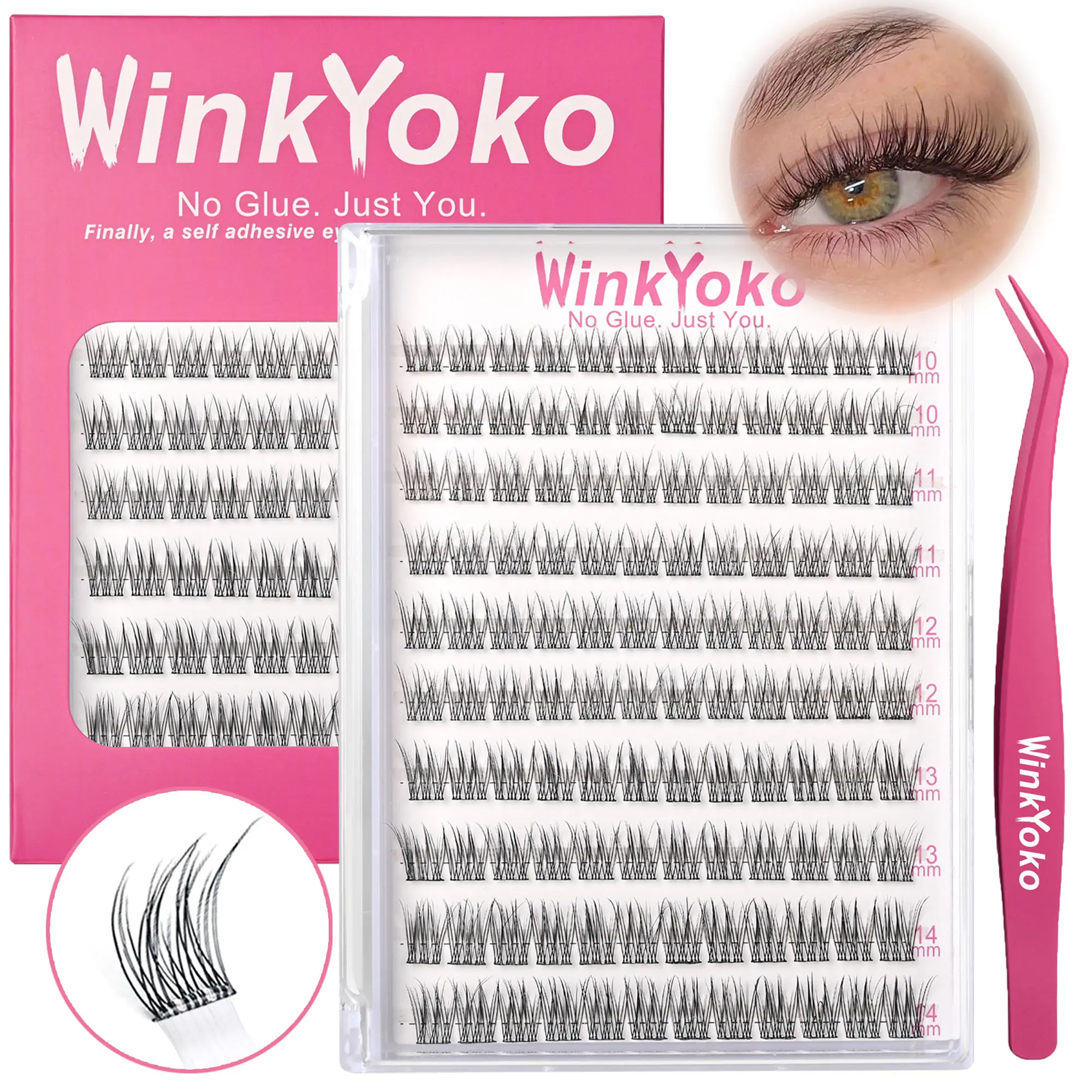 Self Adhesive Natural Lash Clusters  with Tweezers-Fishtail Styles, WinkYoko No Glue Needed Beginner Friendly Lashes, C Curl Diy Lash Extension, 10-14mm Mixed Length Individval Eyelash Extension, Pre-Glued Long Lasting Lightweight Wispy Cat Eye Look