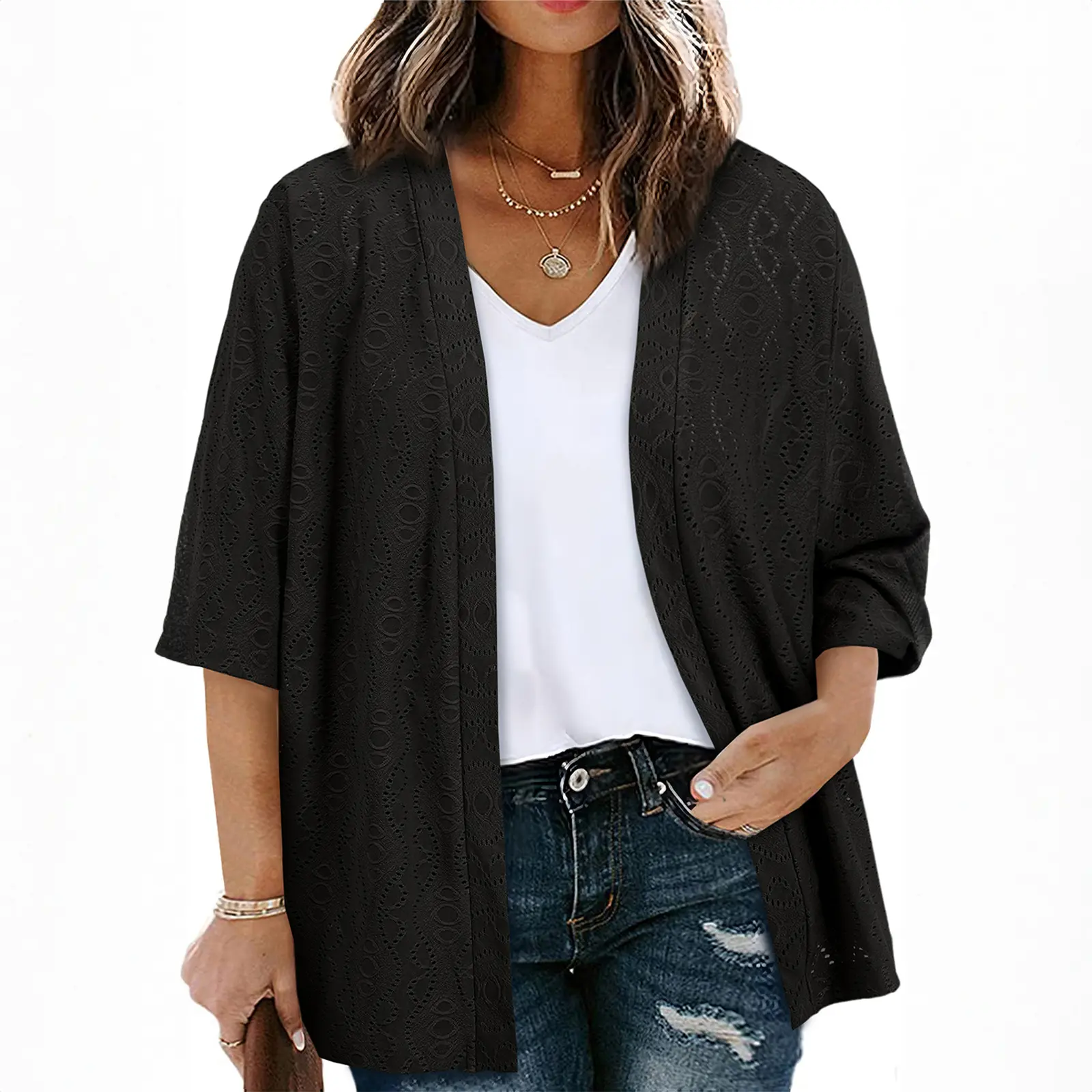 Eytino Plus Size Cardigan for Women Half Sleeve Knitted Jacquard Summer Kimono Cover up Tops(1X-5X)