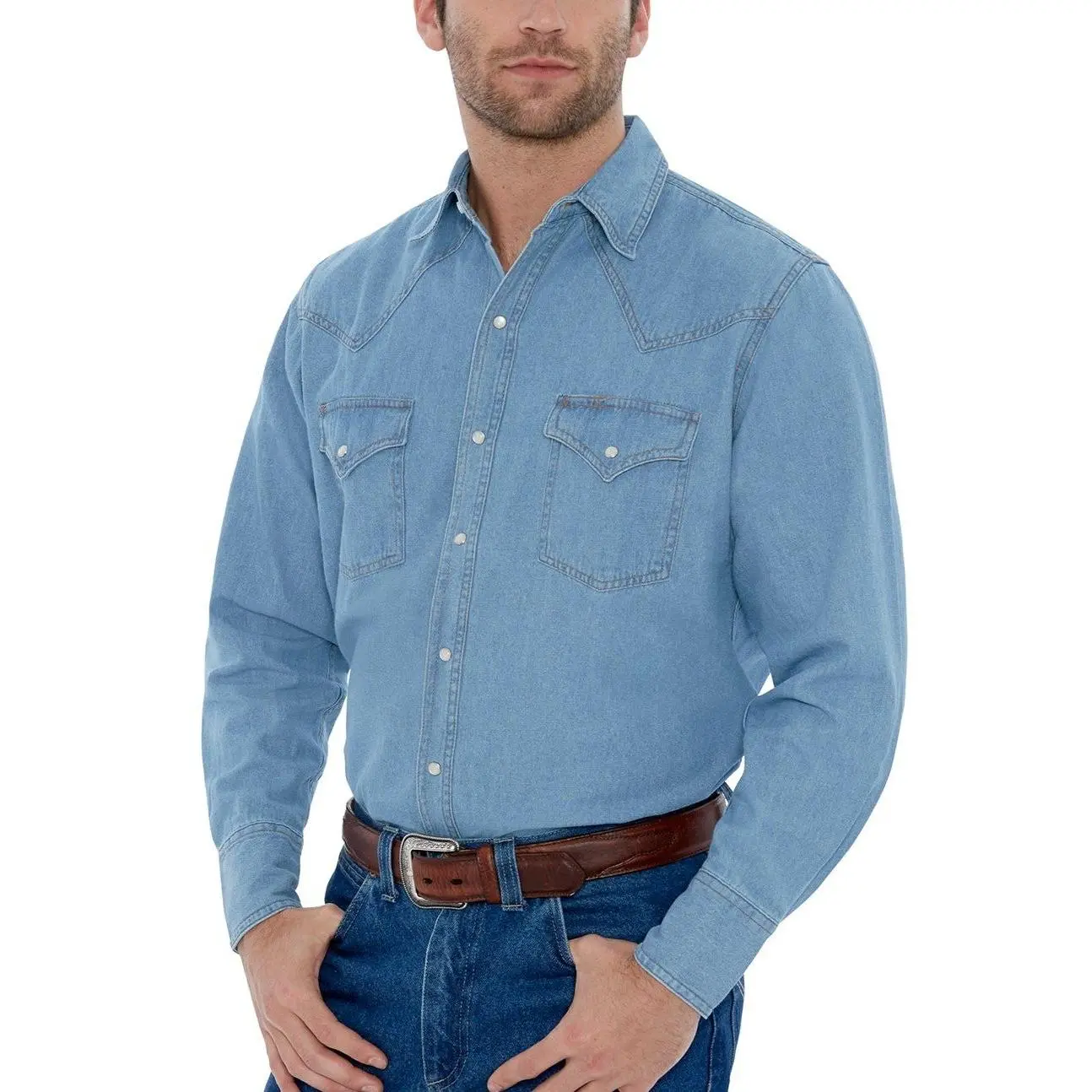 Men's Ely Cattleman Long-Sleeve Washed Denim Western Snap Shirt - Cotton Tops with Pocket, Cowboy Shirts for Throwback Fashion Casual Wear