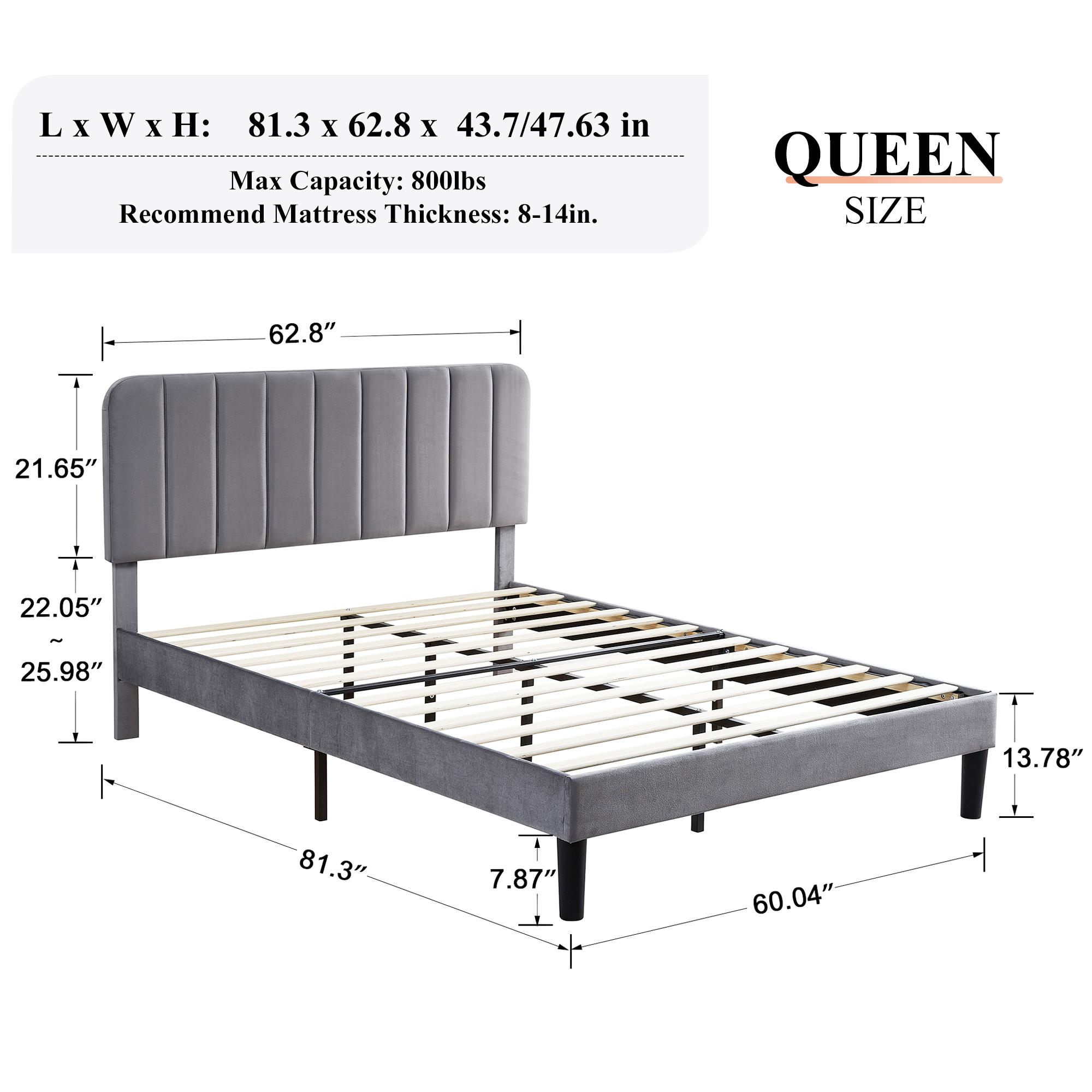 VECELO Upholstered Queen Twin Full Queen Size Bed Frame Platform with Velvet Adjustable Headboard Wooden Slats,Noise-Free,No Box Spring Needed, Easy Assembly