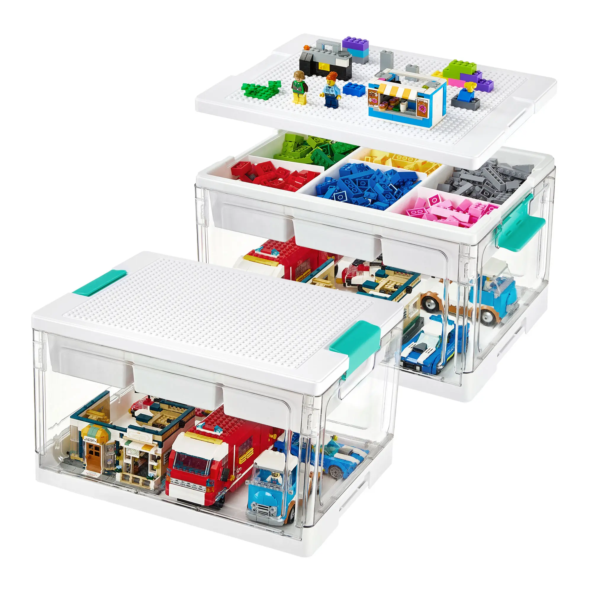 Vtopmart 2/4 Pack 24QT Collapsible Building Block Storage Bin, with Building Baseplate Lid, Removable Tray & Divided Compartment for Art Crafts Sensory Toys Squishy, Water&Dust Prooft, Dorm Essentials, Home Decor, BackToSchool & Prechool Restock Lockable