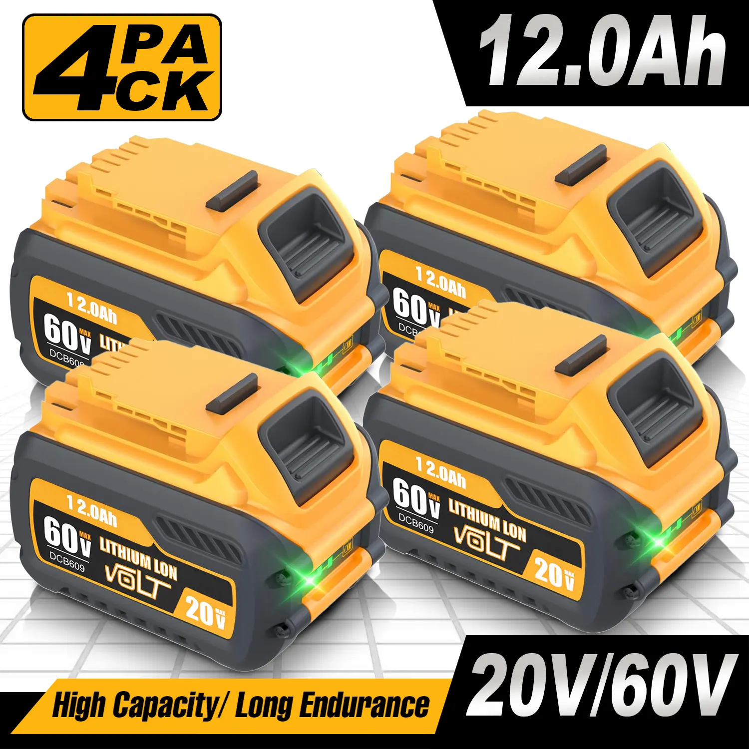 Dewalt 20V/60V Lithium Ion Battery Packs - 12.0Ah Cap. High Capacity Rechargeable Replacement Batteries for Power Tools (Models DCB606, DCB609, DCB612)