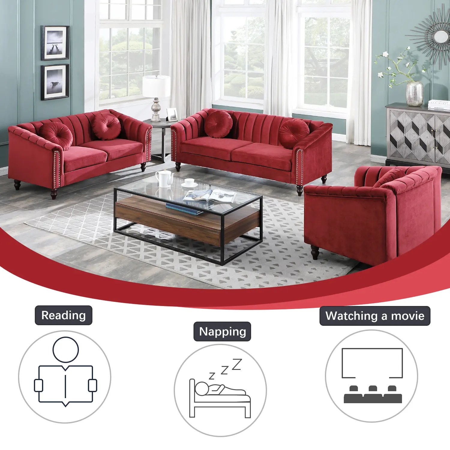 Red Microfiber 3-Piece Classic Sofa Set with Sponge, Sturdy Fixed Arms, Double Layers Springs Structure, Indoor Living Room Furniture Couch Set