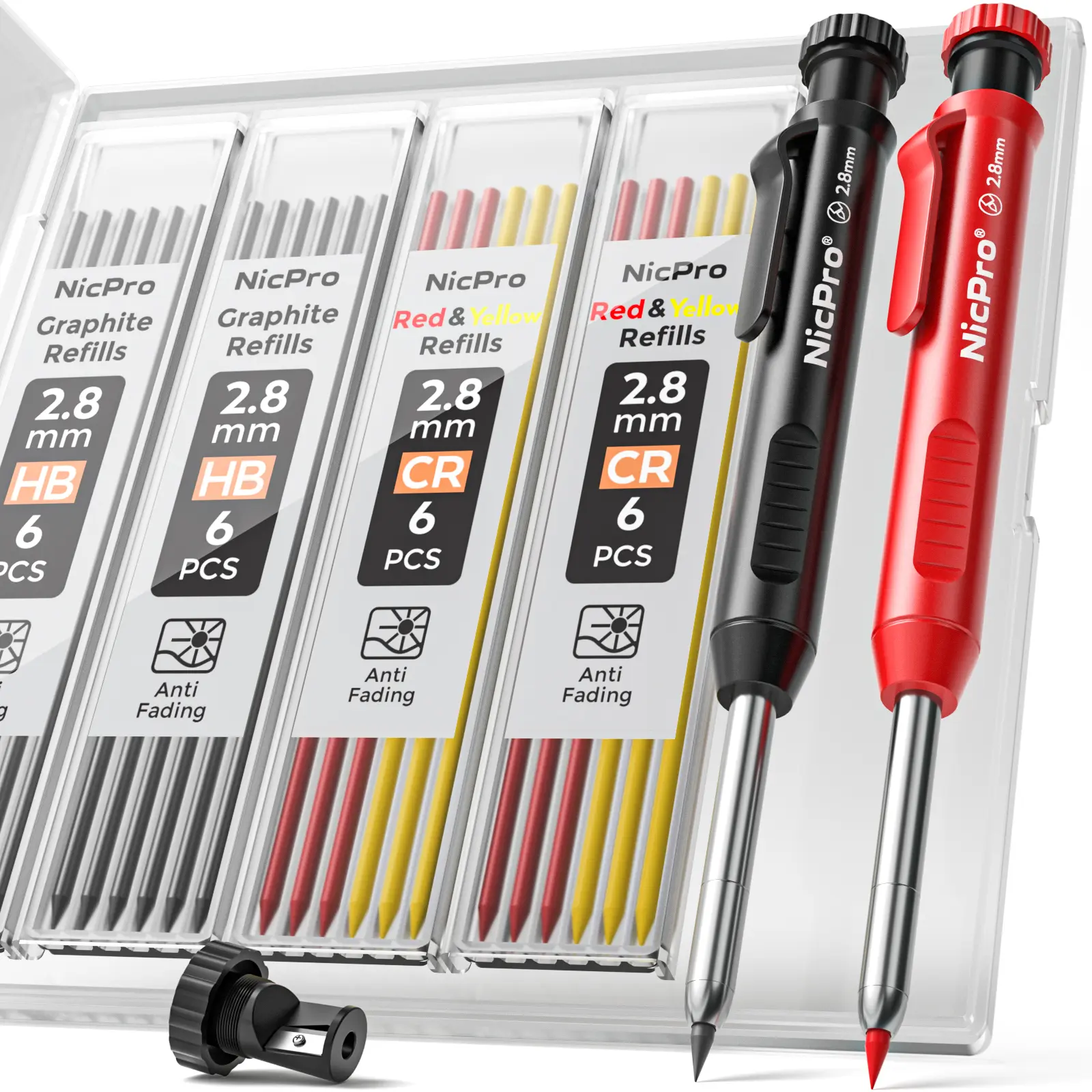 Nicpro Carpenter Pencil with Sharpener, Mechanical Pencils Set with 26 Refills, Deep Hole Marker for Construction, Heavy Duty Woodworking Pencils for Architect (Black, Red) - With Case,back to school,back to school shopping