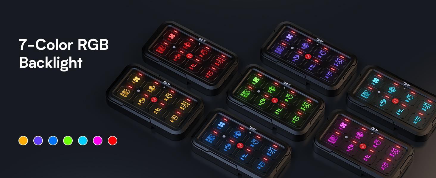 RGB 8 Gang Switch Panel, Universal Circuit Control Relay System w/Momentary Toggle Pulsed Memory Function, Automatic Dimmable, 12-24V Light Switch Panel for Truck UTV Car Boat, IP65 Waterproof