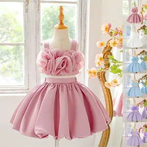 3-8Y Dark Pink 6091 Kids Clothes Flower Girls Frock 2Piece Set Floral Sling Ball Gown Pageant Children Elegant Princess Prom Host Formal Evening Party Banquet Cocktail Dress