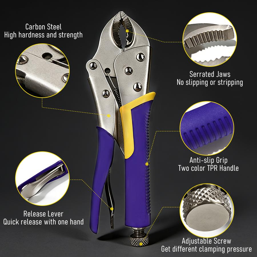 6-Piece Locking Pliers, Vice Grips Pliers Set, 5",7" & 10" Curved Jaw Locking Pliers, 6-1/2" & 9-1/2 Long Nose Locking Pliers, 6" Locking C-Clamp, Two-Color TPR Handle, Roll Up Pouch Included