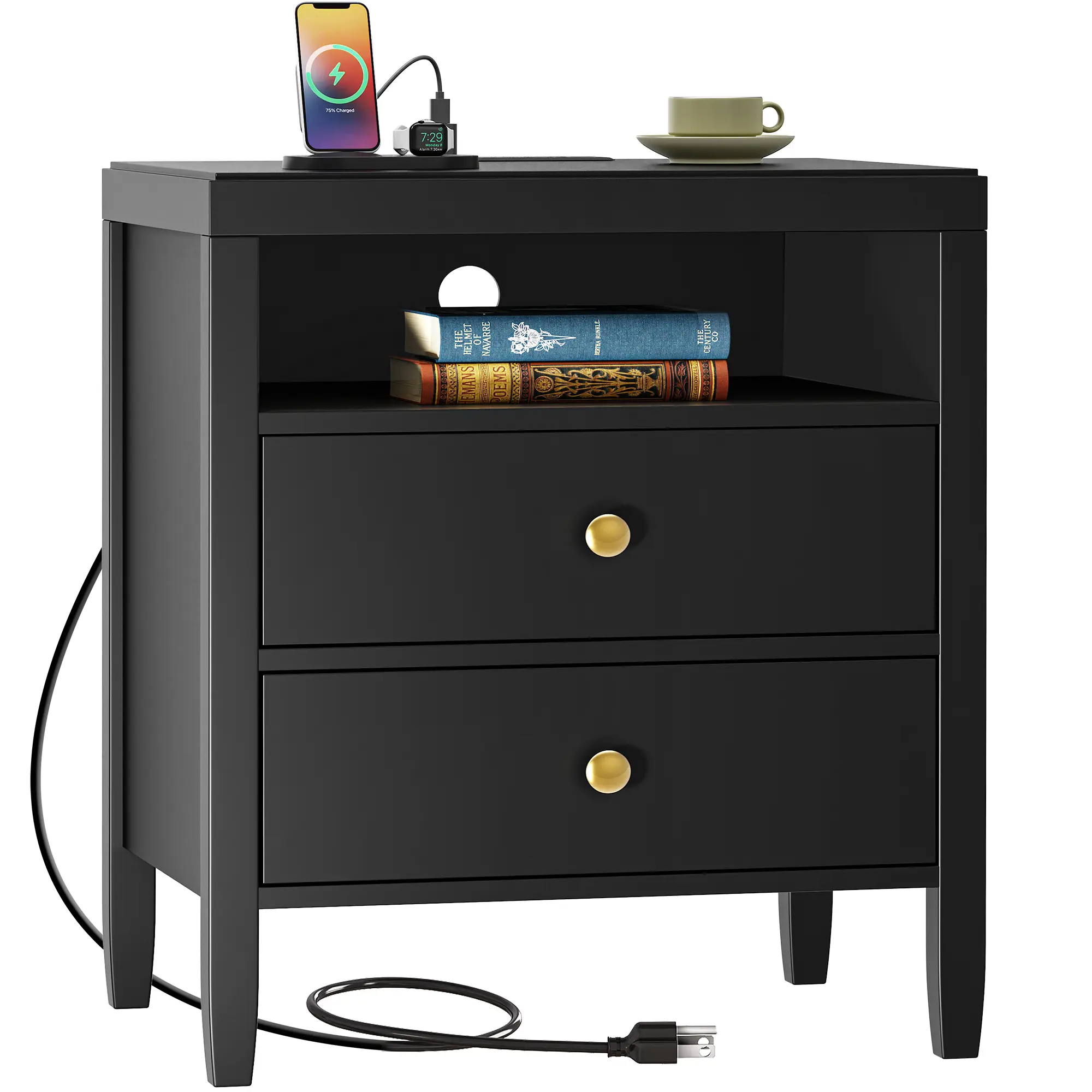 Huuger Modern Black Bedside Table - 2 Drawers with Metal Knobs, Painted Surface, Charger Station, Engineered Wood Storage End Table, Bedside Cabinet for Bedroom