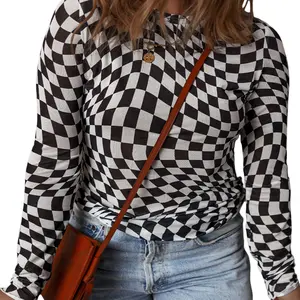 【Plus Size】Asvivid Plaid Print  Checkered Round Neck Tee, Casual Long Sleeve Crew Neck Top for Summer, Women's Plus Clothing for Daily Wear Womenswear