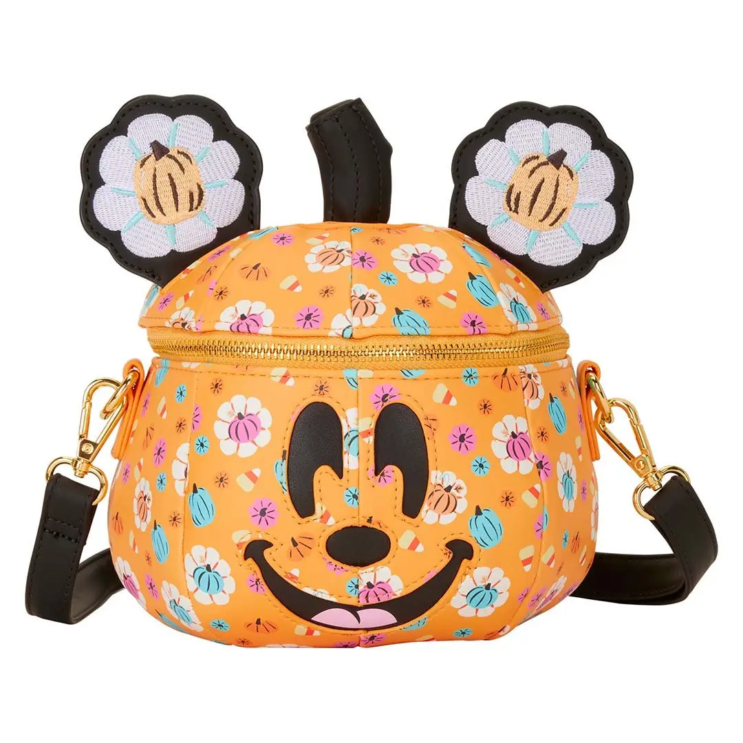 Loungefly Disney Mickey Mouse Floral Pumpkin Head Glow Figural Crossbody Bag, Fashion Crossbody Bag, Crossbody Purse