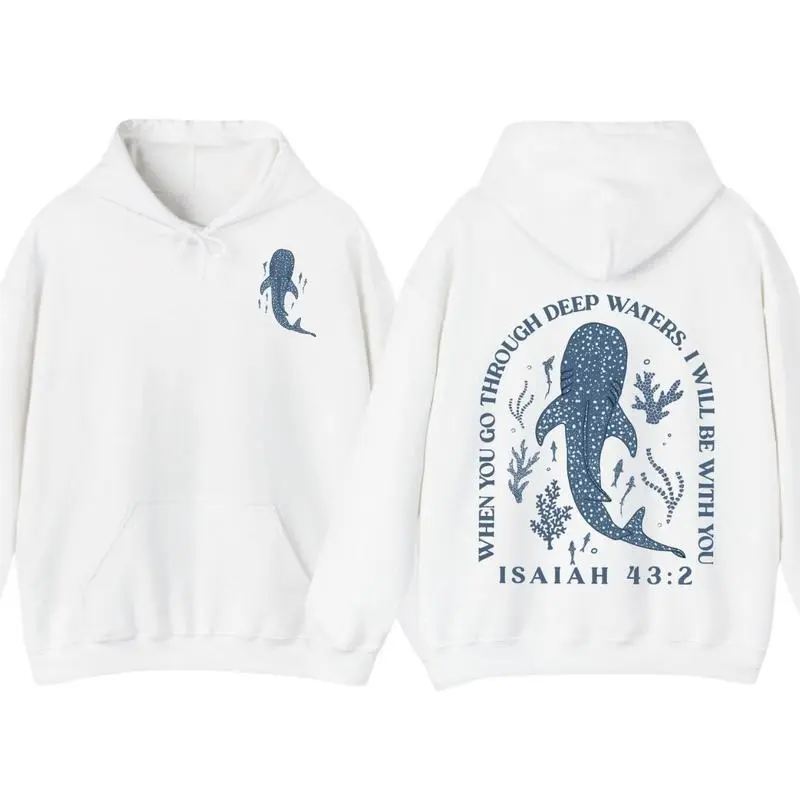 Whale Shark Hoodie for Beach Christian Ocean Hoodie with Isaiah 43_2 Quote Jesus Hoodie for Summer Black with Blue Whale Design