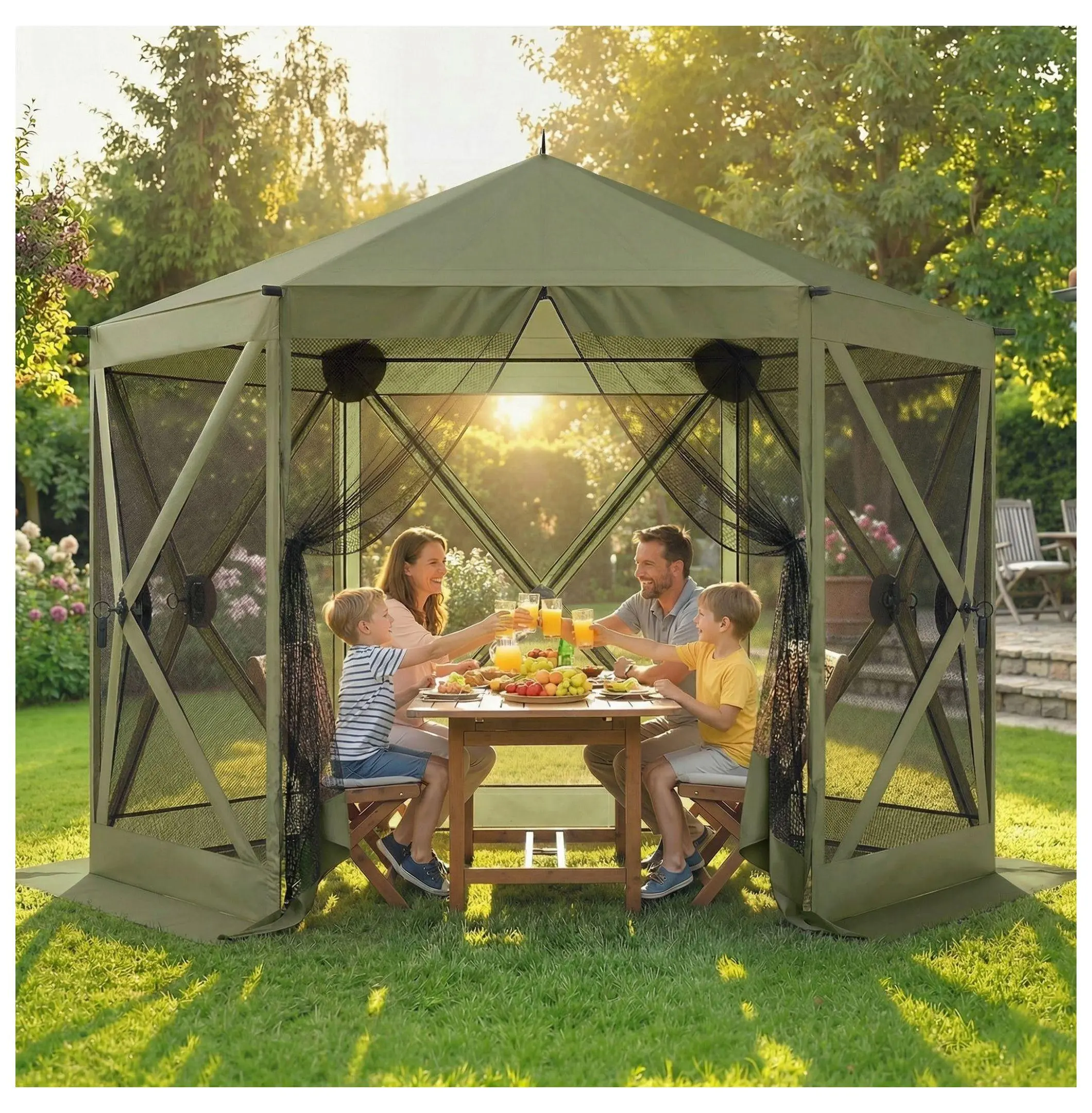 10x11 ft Pop Up Gazebo Screen Tent, Camping Canopy Screen House with Netting, Portable Outdoor Shelter Dark Green Default Title