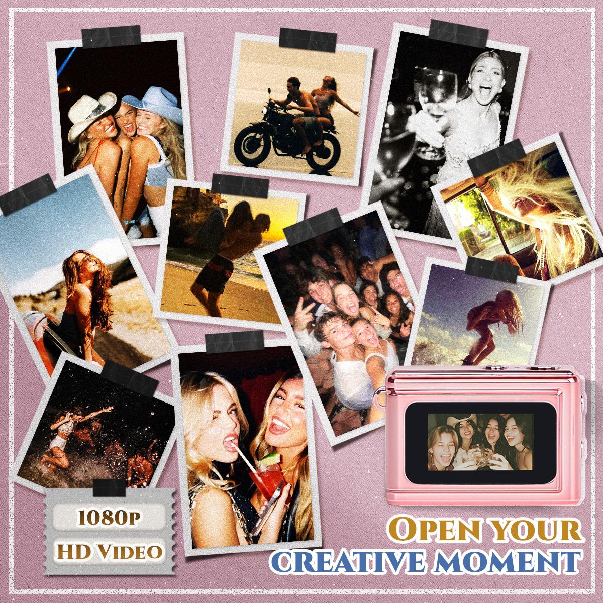 HOTU Mini Keychain Digital Camera – Sparkling Rose Gold Y2K Pocket 1080P HD Camera with 1MP Lens, Flash & 0.96" Screen, 32G Card Included, Retro Vlog Camera for Travel, Concerts, Kids & Instant Party