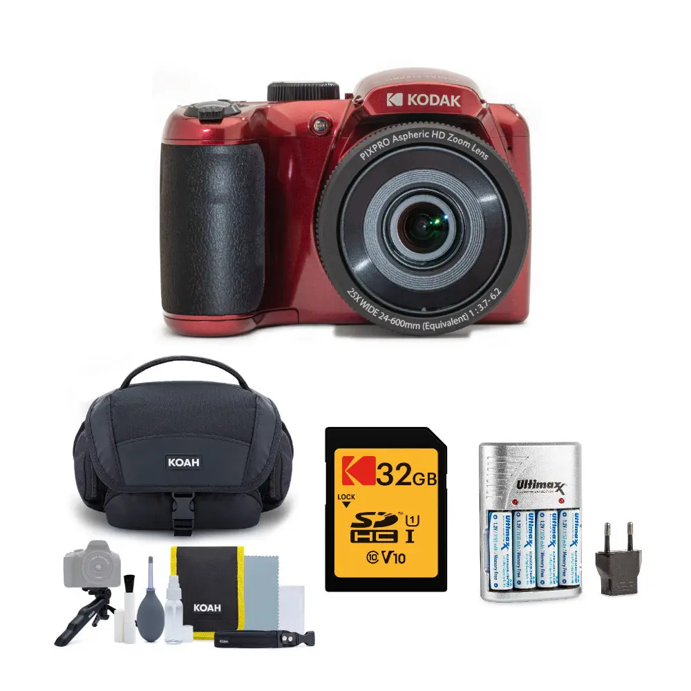 Kodak PIXPRO AZ255 Astro Zoom Digital Camera - 16MP, Red, 25x Zoom Lens, LCD Screen, Battery Charger, 32GB Memory Card Bundle
