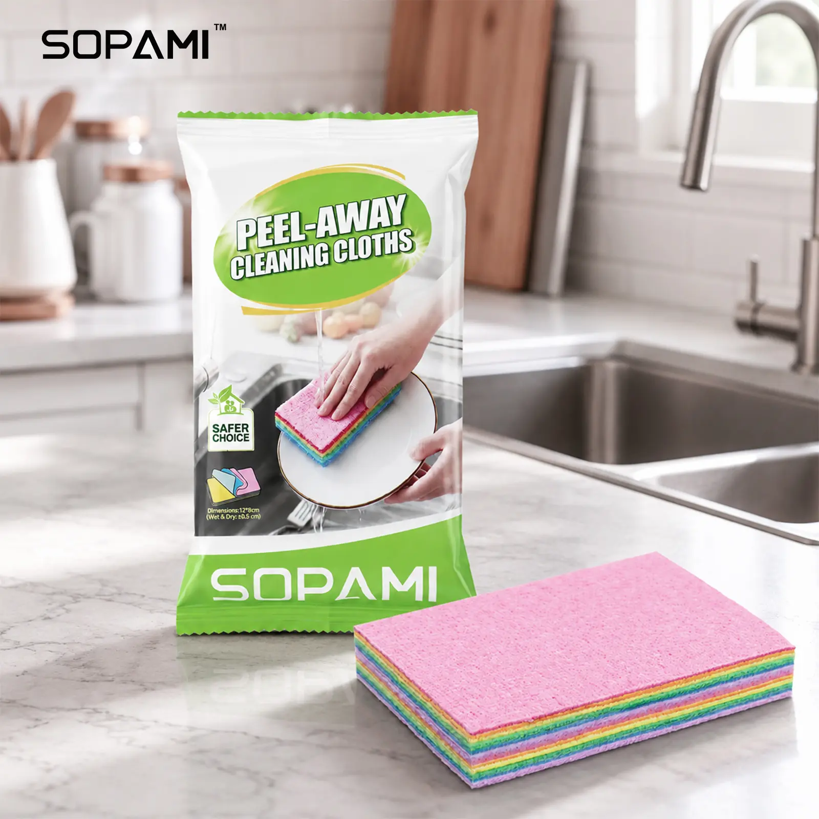 SOPAMI 12-Layer Peelable Rainbow Cleaning Cloths - PVA & Microfiber, Non-Abrasive, Super Absorbent, Reusable, Streak-Free Sponge Wipes, Hygienic Peeling Design for Kitchen, Bathroom, Living Room, Glass & All Household Surfaces