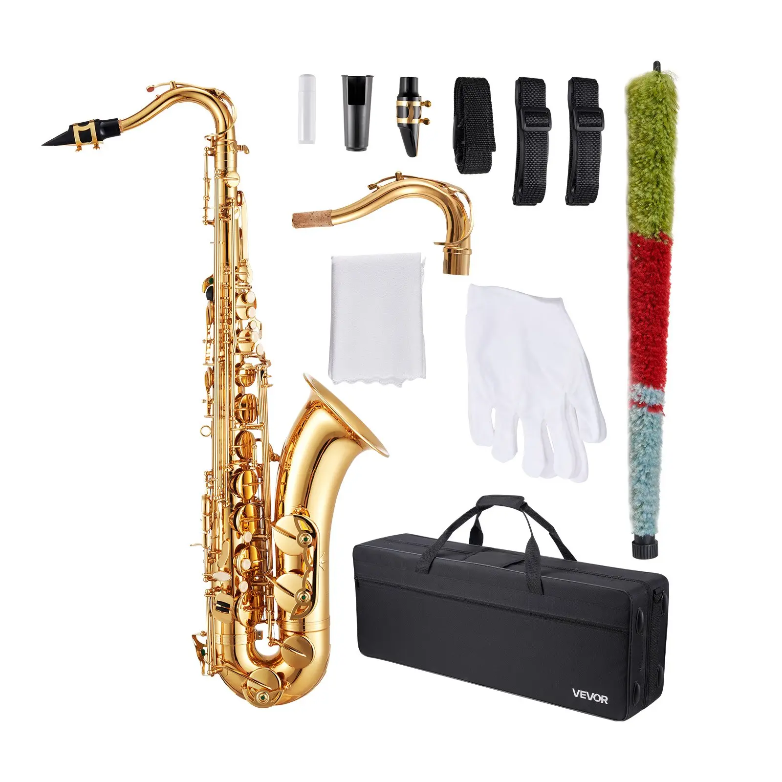 VEVOR B-Flat Tenor Saxophone, Professional Brass Unisex 23-Key 24-Note Range Kit with Carry Bag, Mouthpiece, Straps, Cleaning Cloth, Gloves, Electrophoretic Coating Gold Finish, for Beginners, Outdoor Play, Rich Tone, Saxophones